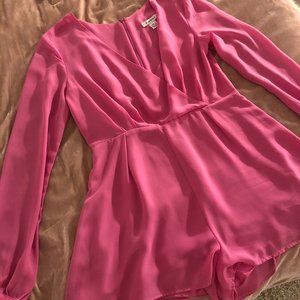 Long Sleeve Pink Romper W/ Plunge Neck | Size S